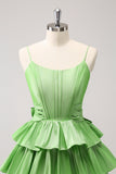 Cute A Line Corset Green Pleated Tiered Short Cocktail Dress with Bows