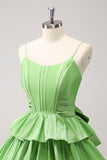 Cute A Line Corset Green Pleated Tiered Short Cocktail Dress with Bows