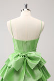 Cute A Line Corset Green Pleated Tiered Short Cocktail Dress with Bows