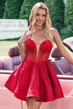 A Line Red Strapless Corset Short Cute Cocktail Dress with Beading