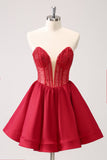 Cute Red A Line Strapless Ruffle Short Cocktail Dress with Beading