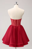 Cute Red A Line Strapless Ruffle Short Cocktail Dress with Beading