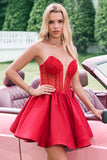 A Line Red Strapless Corset Short Cute Cocktail Dress with Beading