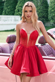 A Line Red Strapless Corset Short Cute Cocktail Dress with Beading