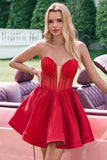 A Line Red Strapless Corset Short Cute Cocktail Dress with Beading