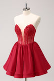 Cute Red A Line Strapless Ruffle Short Cocktail Dress with Beading