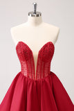 Cute Red A Line Strapless Ruffle Short Cocktail Dress with Beading