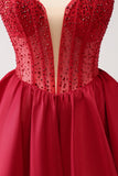 Cute Red A Line Strapless Ruffle Short Cocktail Dress with Beading