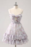 Lilac A-Line Floral Prints Tiered Tulle Cocktail Dress