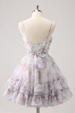 Lilac A-Line Floral Prints Ruffled Tiered Tulle Cocktail Dress