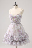 Lilac A-Line Floral Prints Ruffled Tiered Tulle Cocktail Dress