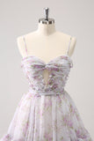 Lilac A-Line Floral Prints Tiered Tulle Cocktail Dress