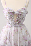 Lilac A-Line Floral Prints Ruffled Tiered Tulle Cocktail Dress