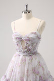 Lilac A-Line Floral Prints Ruffled Tiered Tulle Cocktail Dress