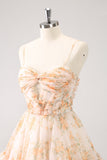 Yellow A-Line Front Twist Short Floral Cocktail Dress With Ruffles