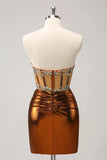 Glitter Copper Strapless Beaded Corset Pleated Short Tight Cocktail Dress