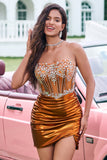 Sparkly Copper Strapless Tight Corset Cocktail Dress with Beading