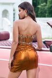 Sparkly Copper Strapless Tight Corset Cocktail Dress with Beading