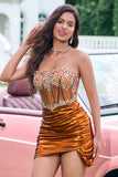 Sparkly Copper Strapless Tight Corset Cocktail Dress with Beading