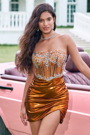 Sparkly Copper Strapless Tight Corset Cocktail Dress with Beading