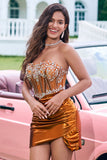 Sparkly Copper Strapless Tight Corset Cocktail Dress with Beading