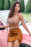 Sparkly Copper Strapless Tight Corset Cocktail Dress with Beading