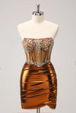 Glitter Copper Strapless Beaded Corset Pleated Short Tight Cocktail Dress