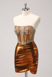 Glitter Copper Strapless Beaded Corset Pleated Short Tight Cocktail Dress