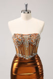 Glitter Copper Strapless Beaded Corset Pleated Short Tight Cocktail Dress