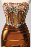 Glitter Copper Strapless Beaded Corset Pleated Short Tight Cocktail Dress