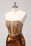 Glitter Copper Strapless Beaded Corset Pleated Short Tight Cocktail Dress