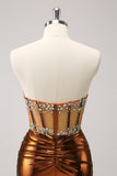 Glitter Copper Strapless Beaded Corset Pleated Short Tight Cocktail Dress