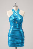 Metallic Tight Halter Backless Satin Blue Cocktail Dress