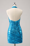 Metallic Tight Halter Backless Satin Blue Cocktail Dress