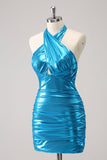 Metallic Tight Halter Backless Satin Blue Cocktail Dress