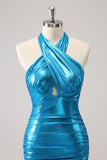 Metallic Tight Halter Backless Satin Blue Cocktail Dress