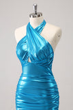 Metallic Tight Halter Backless Satin Blue Cocktail Dress