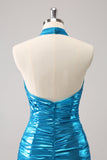 Metallic Tight Halter Backless Satin Blue Cocktail Dress