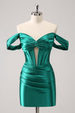 Dark Green Tight Off the Shoulder Corset Satin Cocktail Dress