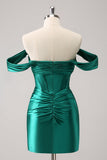 Dark Green Tight Off the Shoulder Corset Satin Cocktail Dress