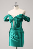 Dark Green Tight Off the Shoulder Corset Satin Cocktail Dress