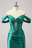 Dark Green Tight Off the Shoulder Corset Satin Cocktail Dress