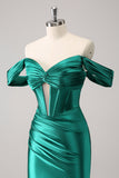 Dark Green Tight Off the Shoulder Corset Satin Cocktail Dress