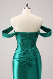 Dark Green Tight Off the Shoulder Corset Satin Cocktail Dress