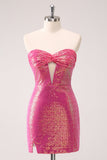 Fuchsia Hollow Out Strapless Sequins Tight Cocktail Dress with Slit