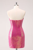 Fuchsia Hollow Out Strapless Sequins Tight Cocktail Dress with Slit