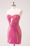 Fuchsia Hollow Out Strapless Sequins Tight Cocktail Dress with Slit