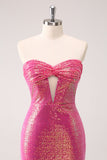 Fuchsia Hollow Out Strapless Sequins Tight Cocktail Dress with Slit