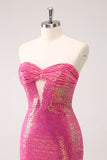 Fuchsia Hollow Out Strapless Sequins Tight Cocktail Dress with Slit