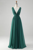 Dark Green A Line Chiffon Long Bridesmaid Dress with Lace Up Back